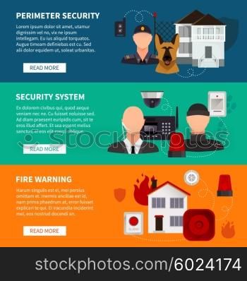 Home Security Horizontal Banners. Home security horizontal banners set of security electronic system fire warning and perimeter security flat vector illustration