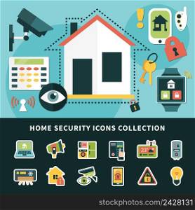 Home security icons collection with surveillance system, climate control, mobile apps smart house isolated vector illustration. Home Security Icons Collection