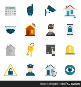 Home security icons flat set with police surveillance camera safety system isolated vector illustration
