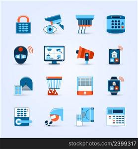 Home security icons set with alarm and camera symbols flat isolated vector illustration . Home Security Icons Set