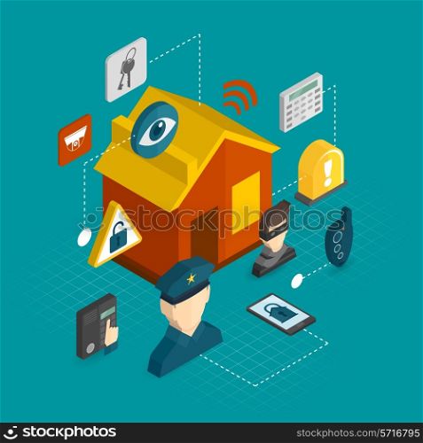 Home security isometric decorative icons set with smart house thief guard alarm system concept vector illustration