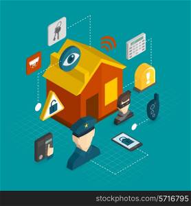 Home security isometric decorative icons set with smart house thief guard alarm system concept vector illustration