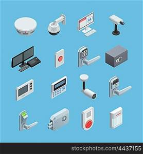 Home security Isometric Icons Set . Home security system elements isometric icons collection with surveillance motion sensor camera with alarm abstract isolated vector illustration