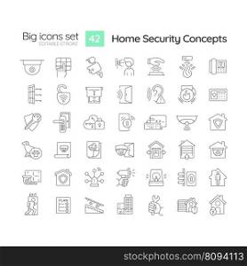 Home security linear icons set. Smart house. Alarm system. Crime prevention. Family protection. Customizable thin line symbols. Isolated vector outline illustrations. Editable stroke. Home security linear icons set