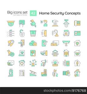 Home security RGB color icons set. Smart house. Alarm system. Crime prevention. Family protection. Isolated vector illustrations. Simple filled line drawings collection. Editable stroke. Home security RGB color icons set