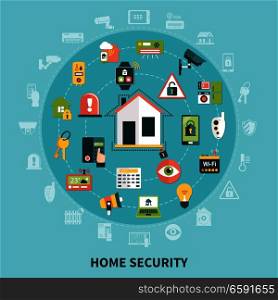 Home security round composition with household appliances, control system devices, detectors on blue background  flat vector illustration. Home Security Round Composition
