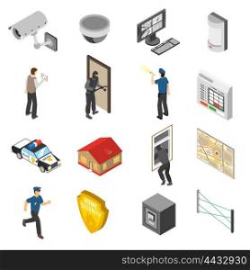 Home Security Service Isometric Icons Set . Home security system service isometric elements collection with surveillance camera and police officer abstract isolated icons vector illustration