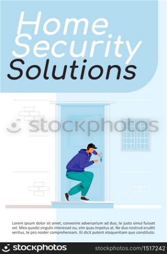 Home security solutions poster flat vector template. Theft protection. Lock picking. Illegal entry. Brochure, booklet one page concept design with cartoon characters. Flyer, leaflet