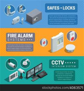 Home security system description 3 horizontal isometric banners set with cctv and fire alarm abstract isolated vector illustration . Home Security System Isometric Banners Set