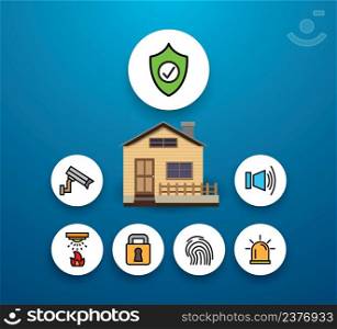 Home security system, icon set, with burglar alarms, home surveillance cameras, Ceiling Fire Sprinkler