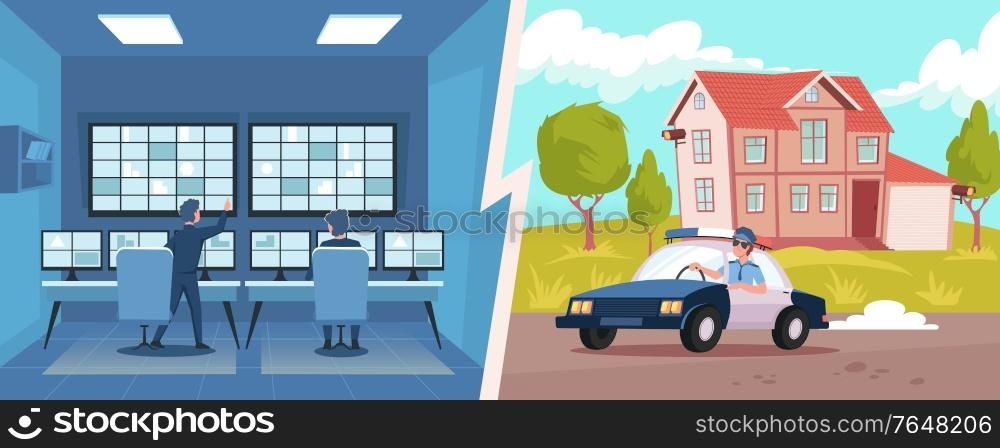 Home security system signaling and police officer checking house with cameras flat isolated vector illustration
