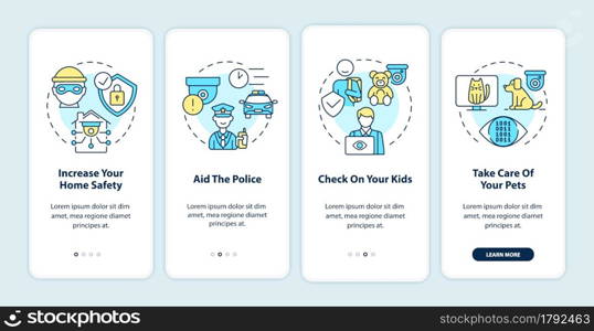 Home security systems onboarding mobile app page screen. Household observation pros walkthrough 4 steps graphic instructions with concepts. UI, UX, GUI vector template with linear color illustrations. Home security systems onboarding mobile app page screen