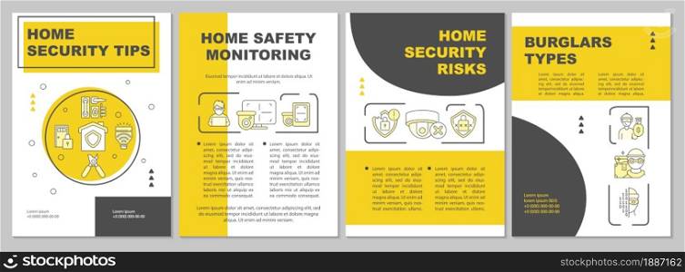 Home security tips yellow brochure template. Protection system. Flyer, booklet, leaflet print, cover design with linear icons. Vector layouts for presentation, annual reports, advertisement pages. Home security tips yellow brochure template