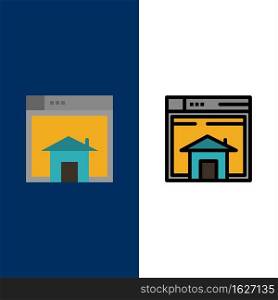 Home, Sell, Web, Layout, Page, Website  Icons. Flat and Line Filled Icon Set Vector Blue Background