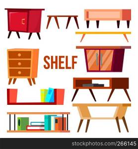 Home Shelf Set Vector. Interior Furniture Objects. Wooden Storage. Isolated Flat Cartoon Illustration. Home Shelf Set Vector. Interior Furniture Objects. Wooden Storage. Isolated Cartoon Illustration