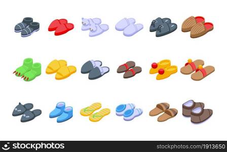 Home slippers icons set isometric vector. Foot accessory. Clothing comfort. Home slippers icons set isometric vector. Foot accessory