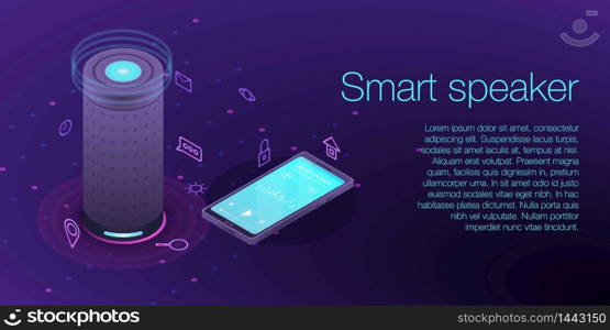 Home smart speaker concept banner. Isometric illustration of home smart speaker vector concept banner for web design. Home smart speaker concept banner, isometric style