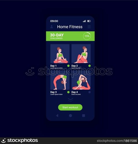 Home sport activities app smartphone interface vector template. Mobile app page design layout. Fitness plan for month. Yoga routine schedule screen. Flat UI for application. Phone display. Home sport activities app smartphone interface vector template