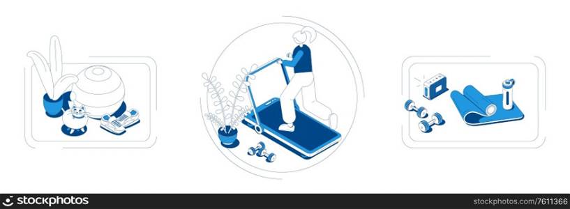 Home sport concept 3 isometric compositions with fitness ball mat barbells water bottle treadmill sneakers vector illustration