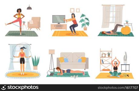 Home sport training. Female fitness activity in room, healthy lifestyle and workout scenes set, girl doing physical exercises yoga and gymnastics in house gym with sports equipment. Vector flat set. Home sport training. Female fitness activity in room, healthy lifestyle and workout scenes set, girl doing physical exercises yoga and gymnastics in house gym with sports equipment vector set