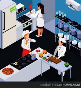 Home staff isometric composition with people in kitchen interior cooking dinner and washing  dishes vector illustration  . Home Staff Isometric Composition