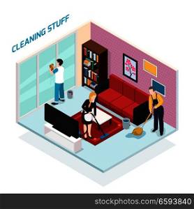 Home staff isometric design concept with professional team from cleaning company doing their job in living room vector illustration    . Home Staff Isometric Design Concept