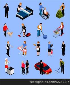 Home staff isometric icons set of personal driver gardner chef assistant to care for disabled and elderly isolated characters vector illustration . Home Staff Isometric Icons