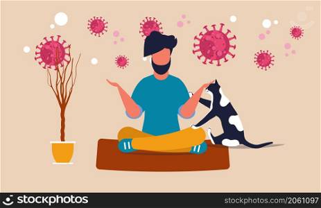 Home stay health yoga meditation with cat. Pandemic coronavirus social strong vector illustration corona calm. People work from home. Harmony sport safety lockdown. Person man sitting quarantine