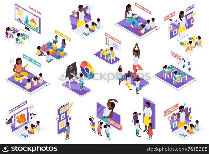 Home study big isometric set with kindergarten gym nature arithmetic drawing reading distant learning online vector illustration