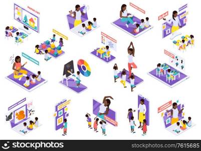 Home study big isometric set with kindergarten gym nature arithmetic drawing reading distant learning online vector illustration