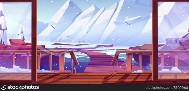 Home terrace view on wooden bridge or pier in sea at mountain winter landscape with rock white peaks, falling snow and spruces. Outdoor hotel or cottage veranda with porch, Cartoon vector illustration. Home terrace view on wooden bridge or pier in sea