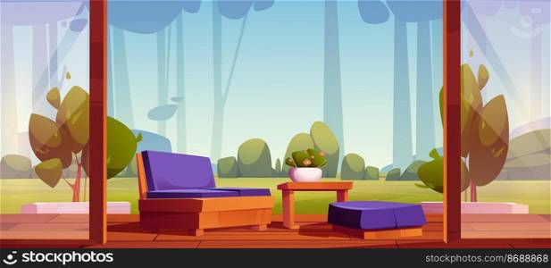 Home terrace with forest view, cozy sofa and ottoman stand on patio wooden floor with scenery nature landscape background with trees. Villa or hotel outdoor area for relax, Cartoon vector illustration. Home terrace with forest view, cozy sofa, patio