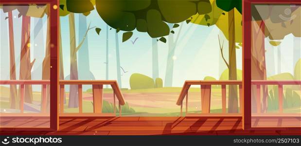 Home terrace with forest view, patio or veranda with wooden floor, porch, glass doors and fence at scenery nature landscape background with trees. Villa, cottage or hotel, Cartoon vector illustration. Home terrace with forest view, patio or veranda