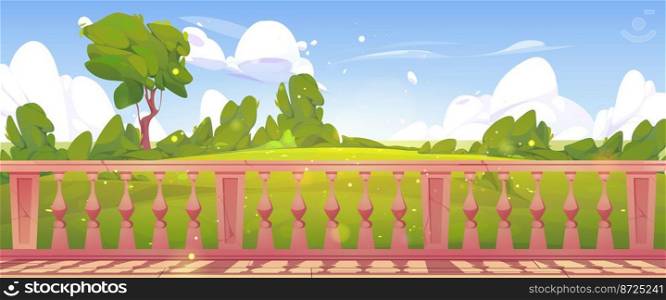 Home terrace with marble baluster and nature landscape view. Patio or veranda with railings or fence at scenery background with tree on green field. Villa, cottage or hotel Cartoon vector illustration. Home terrace with marble baluster and landscape