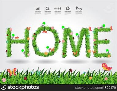 Home text eco concept with green grass alphabet letters design, Vector illustration modern design template