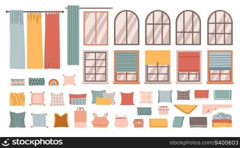 Home textile set pillows, curtains, covers. Set of colored interior elements. Home decor clipart with pillows. Flat textile. Stylish cozy isolated elements. Vector illustration