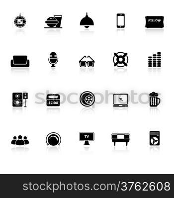 Home theater icons with reflect on white background, stock vector