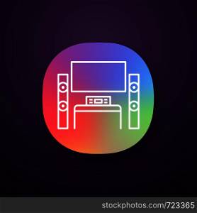 Home theater system with TV app icon. TV set with audio system. Home cinema. Television and loudspeakers. Household appliance. UI/UX interface. Web or mobile application. Vector isolated illustration. Home theater system with TV app icon