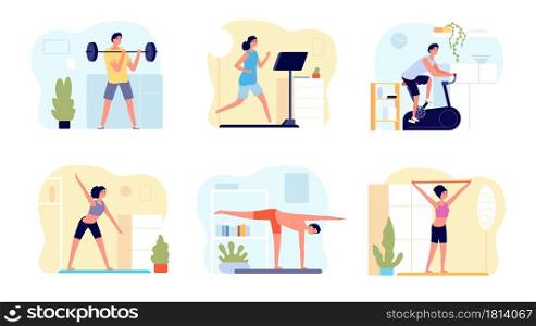 Home training. Man activity, practicing exercise pilates fitness for body. People morning yoga and workout, healthy lifestyle vector set. Training home, practice body and fitness sport illustration. Home training. Man activity, practicing exercise pilates fitness for body. People morning yoga and workout, healthy lifestyle vector set