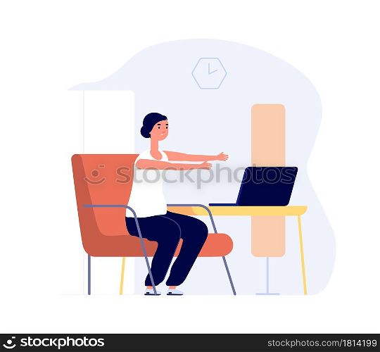Home training. Woman work with laptop, office syndrome preparation. Girl stretching vector concept. Illustration training at laptop, activity and relaxation stretching. Home training. Woman work with laptop, office syndrome preparation. Girl stretching vector concept