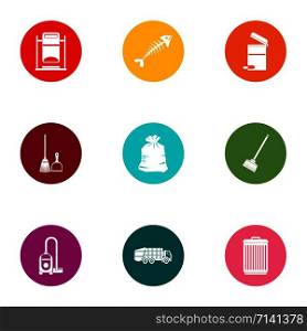 Home trash icons set. Flat set of 9 home trash vector icons for web isolated on white background. Home trash icons set, flat style