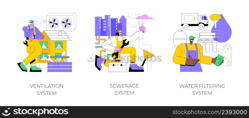 Home treatment system abstract concept vector illustration set. Ventilation and sewerage system, water filtering innovative solution, airing and cooling, house water treatment abstract metaphor.. Home treatment system abstract concept vector illustrations.