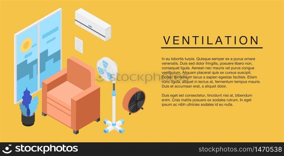 Home ventilation concept banner. Isometric illustration of home ventilation vector concept banner for web design. Home ventilation concept banner, isometric style