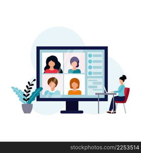 Home video conference with colleagues. Remote work from home. The concept of online learning. Conducting a webinar with the help of modern technologies. Vector illustration in flat style.