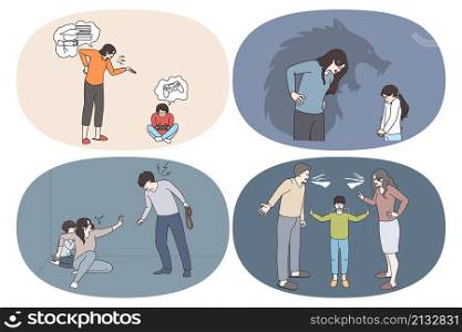 Home violence and victims of harassment concept. Set of afraid scared children kids feeling stressed of parents fight scandals misunderstanding at home vector illustration. Home violence and victims of harassment concept