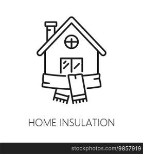 Home wall thermal insulation icon. House construction thermal isolation technology line symbol, building wall insulation layer material solution outline vector sign with home building in warm scarf. Home wall thermal insulation thin line icon
