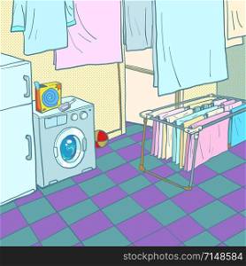Home washing and drying. Washing machine. Comic cartoon pop art retro vector illustration drawing. Home washing and drying. Washing machine