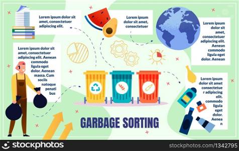 Home Waste Sorting and Recycling, Planet Pollution Reducing Flat Vector Concept, Infographics, Info Scheme Template. Male Worker Carrying Garbage Bags to Containers for Trash Separation Illustration