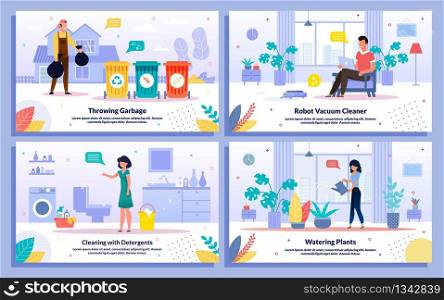 Home Waste Utilization, Robotic Cleaning, Indoor Plants Care, Bathroom Cleaning Trendy Flat Vector Banners, Posters Set. Female, Male People Characters Cleanup Their Houses and Apartments Illustration