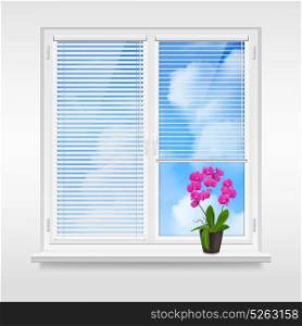 Home Window Design Concept. Home window design concept with horizontal blinds and purple flower in pot on windowsill at blue sky background vector illustration